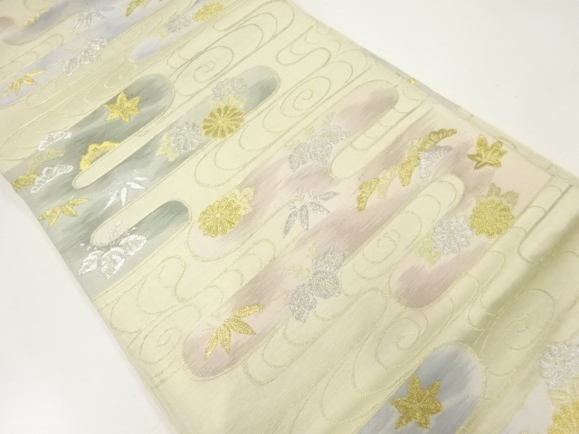 アンティーク　ヱ霞に菊桐模様織出し袋帯（材料）